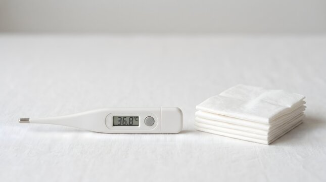 Digital thermometer beside folded tissue stack, cold and flu season home care preparedness concept