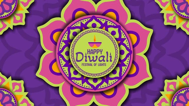 Paper-cut 4K Diwali video: 'HAPPY DIWALI' lime green rangoli surrounded by layered pink and purple rangoli patterns on purple backdrop. Great for event screens, promos, and digital ads