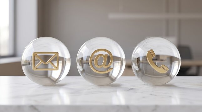 Three glass spheres containing gold icons for email, at symbol, and telephone receiver on white marble surface, representing modern communication channels and contact methods