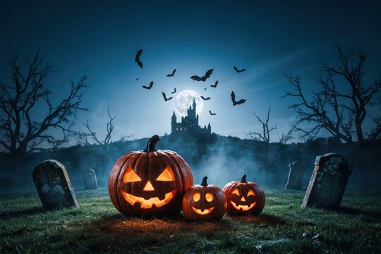 Three glowing jack o lanterns stand in foggy graveyard with haunted castle under moonlit night sky.