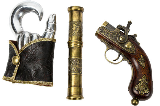Antique pirate accessories including metal hand hook telescope and pistol