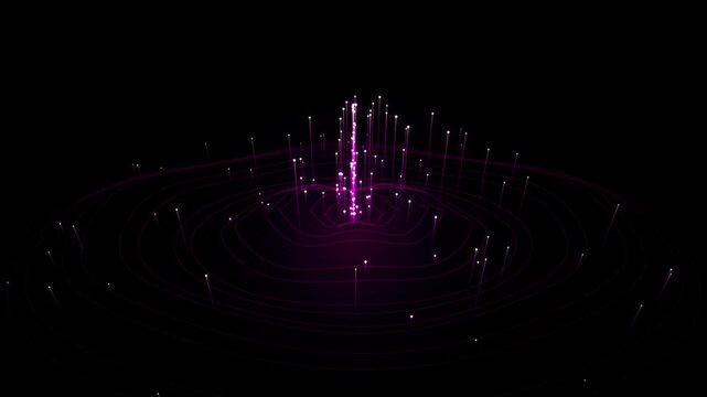 Abstract purple data visualization displaying digital pulses over topographic waves on black.