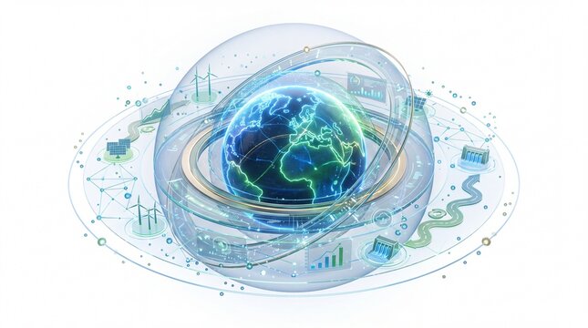 Digital earth globe with renewable energy icons and data charts