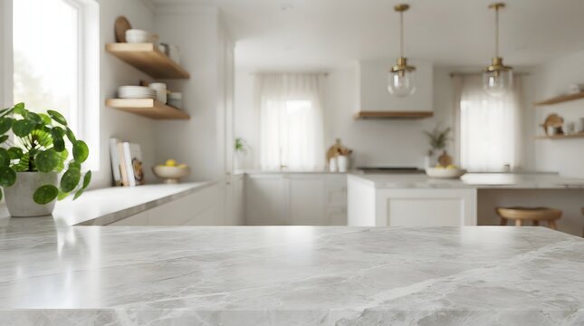 Blurred modern white kitchen interior with marble countertop for product placement