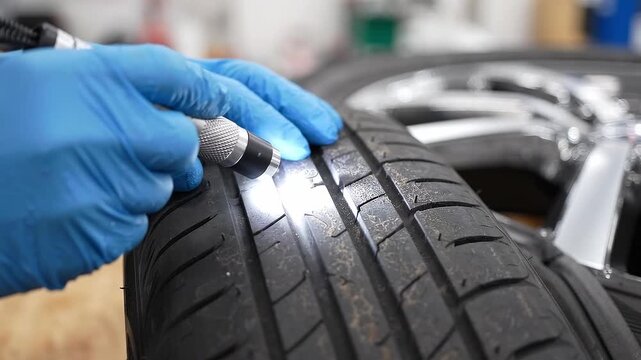 Mechanic in blue gloves inspecting car tire with flashlight finding screw puncture. Tire tread damage check at auto service.