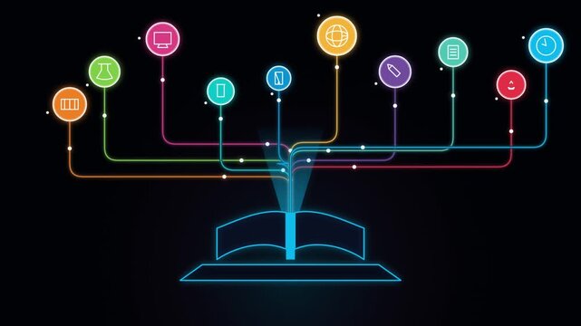 Digital education concept with glowing book icon and connected multimedia symbols on dark background.