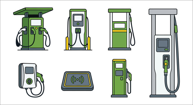 Collection of green and white gas pumps and payment terminals in a vector illustration style gasoline petrol