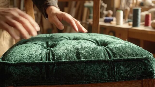 Craftsman testing tufted green velvet cushion on wooden chair in upholstery workshop. Hands pressing fabric seat pad.