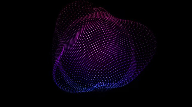 Abstract liquid sphere shape made of glowing particles rotating slowly on black background footage.