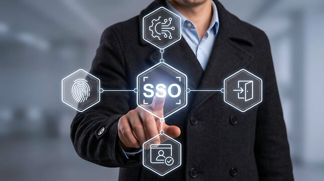Businessman pressing SSO button for single sign-on security access management