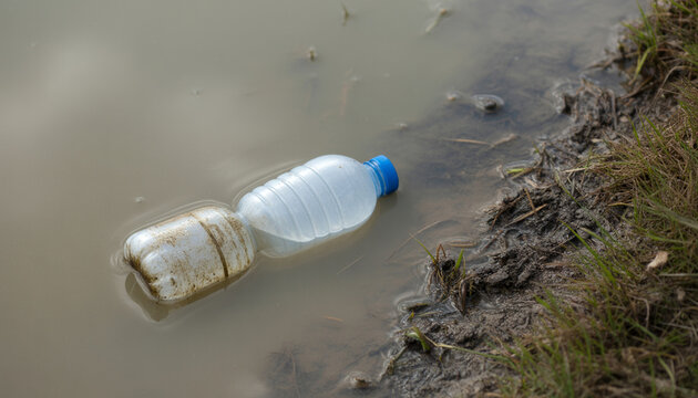 Discarded plastic water bottle floating in polluted muddy river water representing environmental pollution awareness.