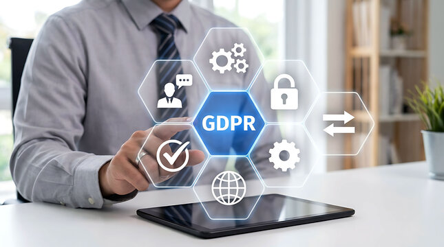 Businessman interacting with digital GDPR privacy and data protection interface