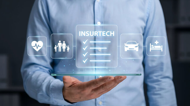 Man holding a transparent tablet with digital insurtech icons and checklist
