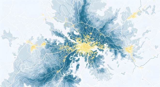 Abstract Digital Map Visualization Illustrating Urban Density Patterns Across Geographic Topography and Population Distribution