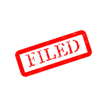 A bright red ink rubber stamp showing the word filed in a rectangular frame for office and business paperwork