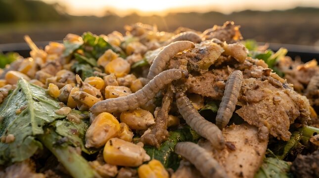 Close up of black soldier fly larvae breaking down organic corn and vegetable waste outdoors at sunset
