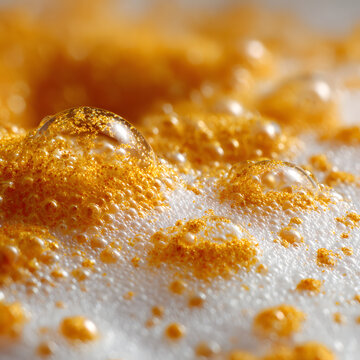 Golden turmeric foam bubble macro milk foam bubble golden turmeric particle detail bca f b ad