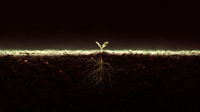 Seedling sprout with delicate green cotyledons emerging from dark soil with visible root system and soft light glow, symbolizing growth and renewal