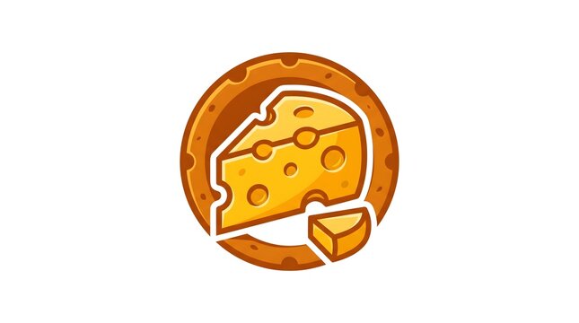 Vector illustration of a delicious wedge of Swiss cheese with holes placed on a round wooden cutting board, isolated on a clean white background