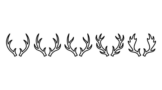 Minimalist deer antler icons set, black line art reindeer horns collection, 5 vector hunting trophy silhouettes for logo design