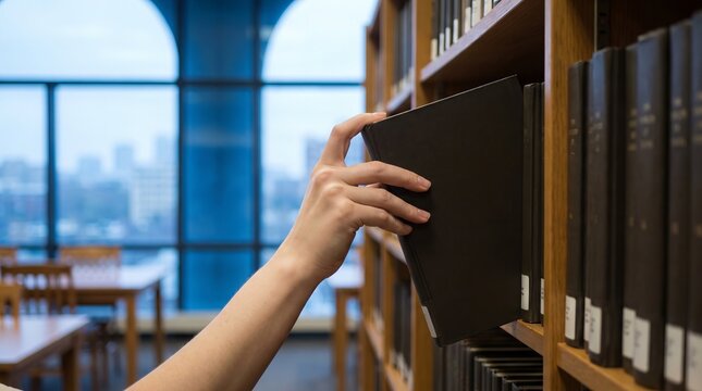 Student hand selecting books from wooden library shelves, quiet academic environment, study atmosphere