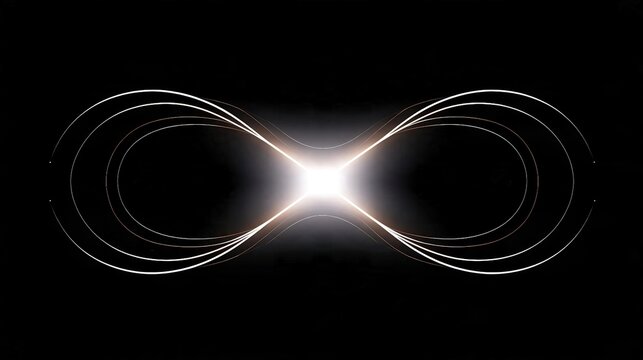 Abstract glowing light infinity symbol with multiple layered warm white curved lines on pure black background modern endless eternity and loop design concept