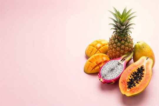 Fresh tropical fruits with pineapple, mango, papaya and dragon fruit on pastel pink background with copy space