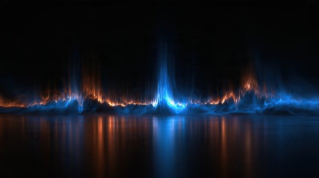 Abstract glowing blue and orange wavy flame-like audio waveform reflected on calm dark water surface against pure black background futuristic technology sound visualization concept