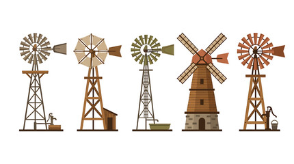 Obraz premium Vintage farm windmill set, 5 rustic wind turbine icons, traditional wooden and metal water pump towers for rural agriculture