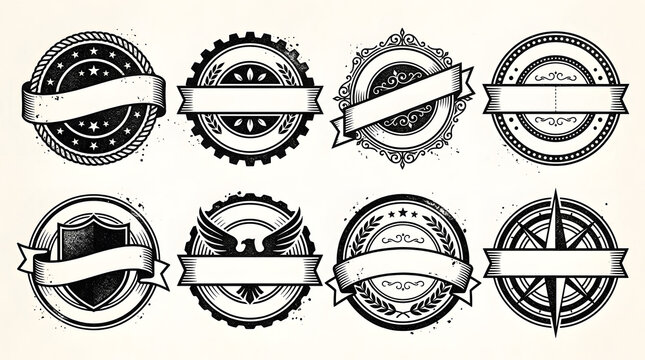 Vintage circular label badges with blank ribbon banners. Retro crest and guarantee emblem collection. Monochrome heraldic blank frames set for branding and product packaging