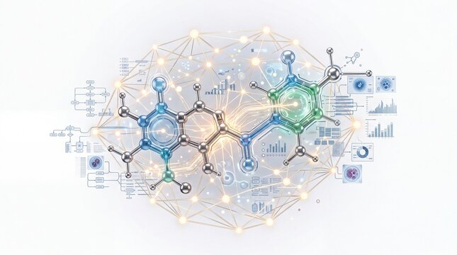 Molecular structure with glowing digital data on white background