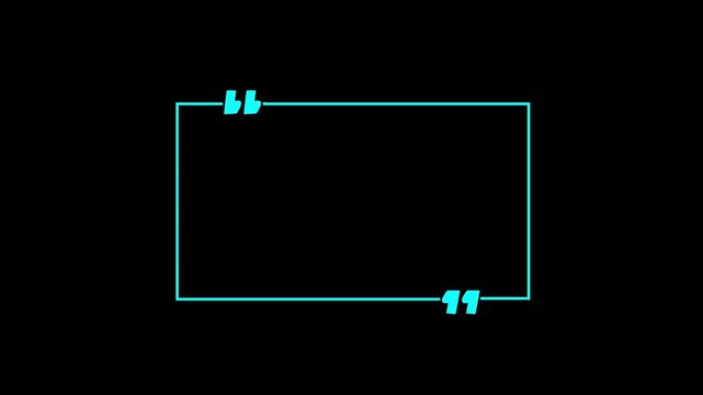 A Rectangel quote box icon animation. Rectangular quote mark graphic animation. Animated square quote frame design for textual quotation, paraphrasing, or text spoken by on black background 4k video.