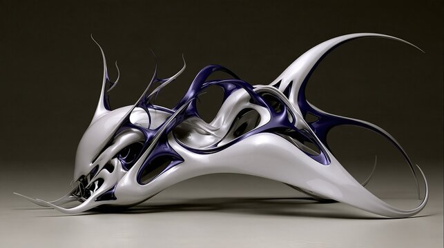Futuristic abstract 3d organic sculpture with glossy white and dark blue curved flowing forms on neutral gray background contemporary parametric design art