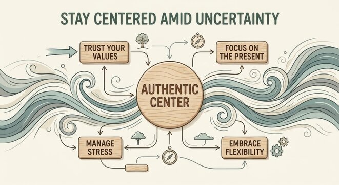 Authentic Center Diagram: Trust Values, Focus Present, Manage Stress, Embrace Flexibility