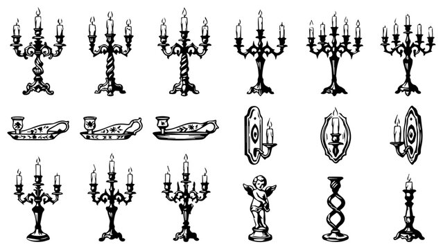 Set of vintage candle holders and ornate candelabras for home decoration and luxury interior design
