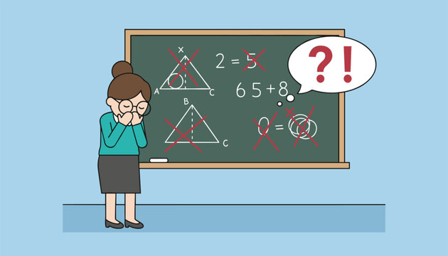 Stressed school teacher looking confused at wrong math equations and geometry drawings on the blackboard.