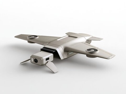 Modern futuristic fixed wing camera drone with dual VTOL fans on plain white background autonomous unmanned aerial vehicle technology product concept