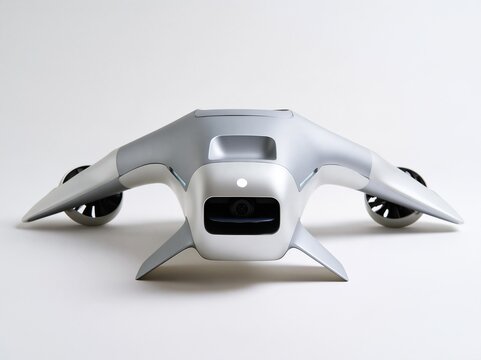 Front view of modern futuristic VTOL drone with camera and two side propellers on plain white background unmanned aerial delivery vehicle tech concept