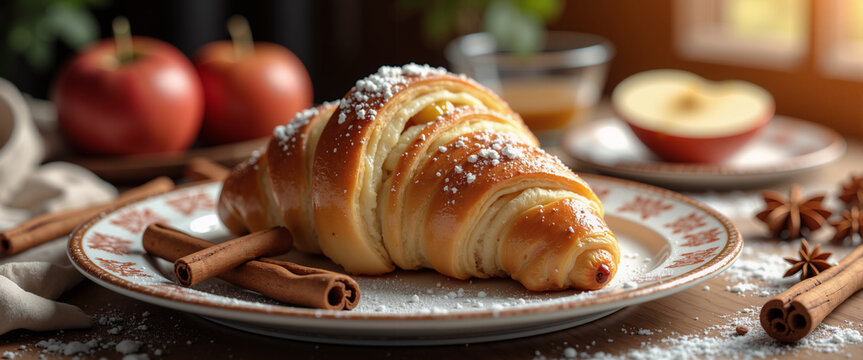Golden flaky croissant filled spiced apple compote vintage plate for breakfast blogs bakery websites autumn brunch menus and food photography