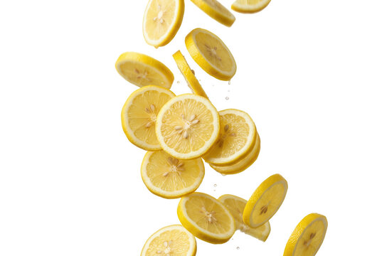 Fresh yellow lemon slices falling against a dark black background