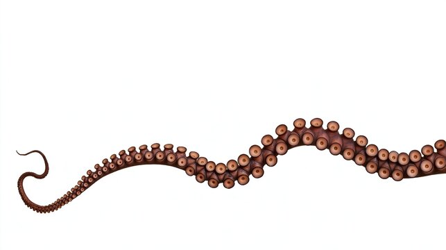 Long naturally curved brown octopus tentacle with full visible suction cups on plain white background minimalist abstract marine design