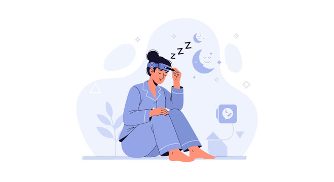 Woman wearing sleep monitoring device and pajamas, sitting with eyes closed, illustrating sleep study or insomnia concept