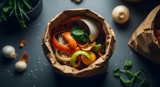 Top View of Vegetable Scraps in a Paper Bag for Composting.
