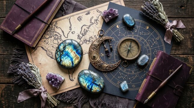 Mystic Esoterica: A collection of esoteric objects, including a star chart, crystals, a compass, and journals, arranged on a wooden surface.