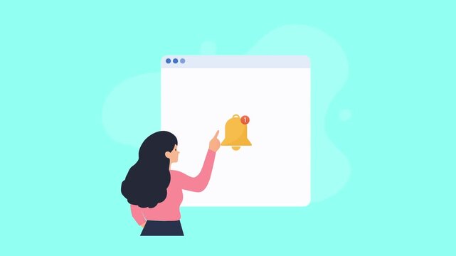 Animated video showing a person interacting with a digital notification bell, representing alerts, reminders, and online communication on a soft turquoise background.