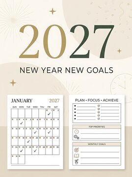 Minimalist 2027 calendar and planner sheet for january new year goals