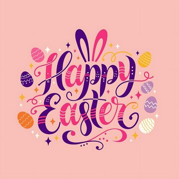Happy Easter lettering design with decorative rabbit ears and colorful eggs on pink background