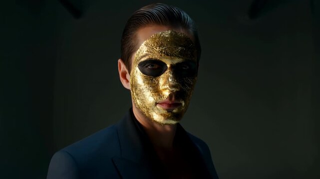 Man wearing textured metallic gold face mask slowly turns from three-quarter profile toward camera in dark tailored jacket against dim green studio background with dramatic side lighting