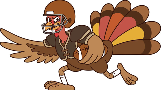 Cartoon illustration of a turkey wearing a football helmet and sports gear running on a white background