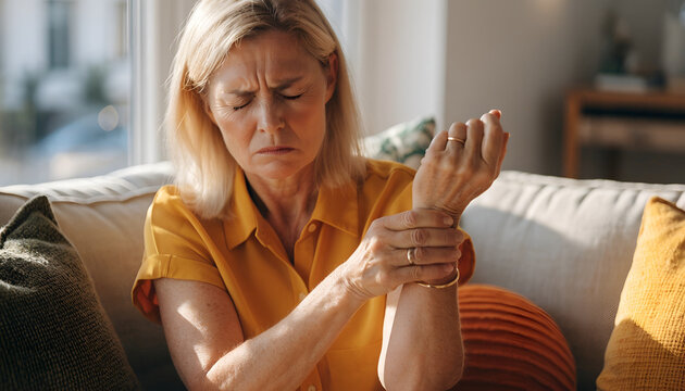 Middle-Aged Woman Experiencing Wrist and Joint Pain at Home, Healthcare and Arthritis Concept